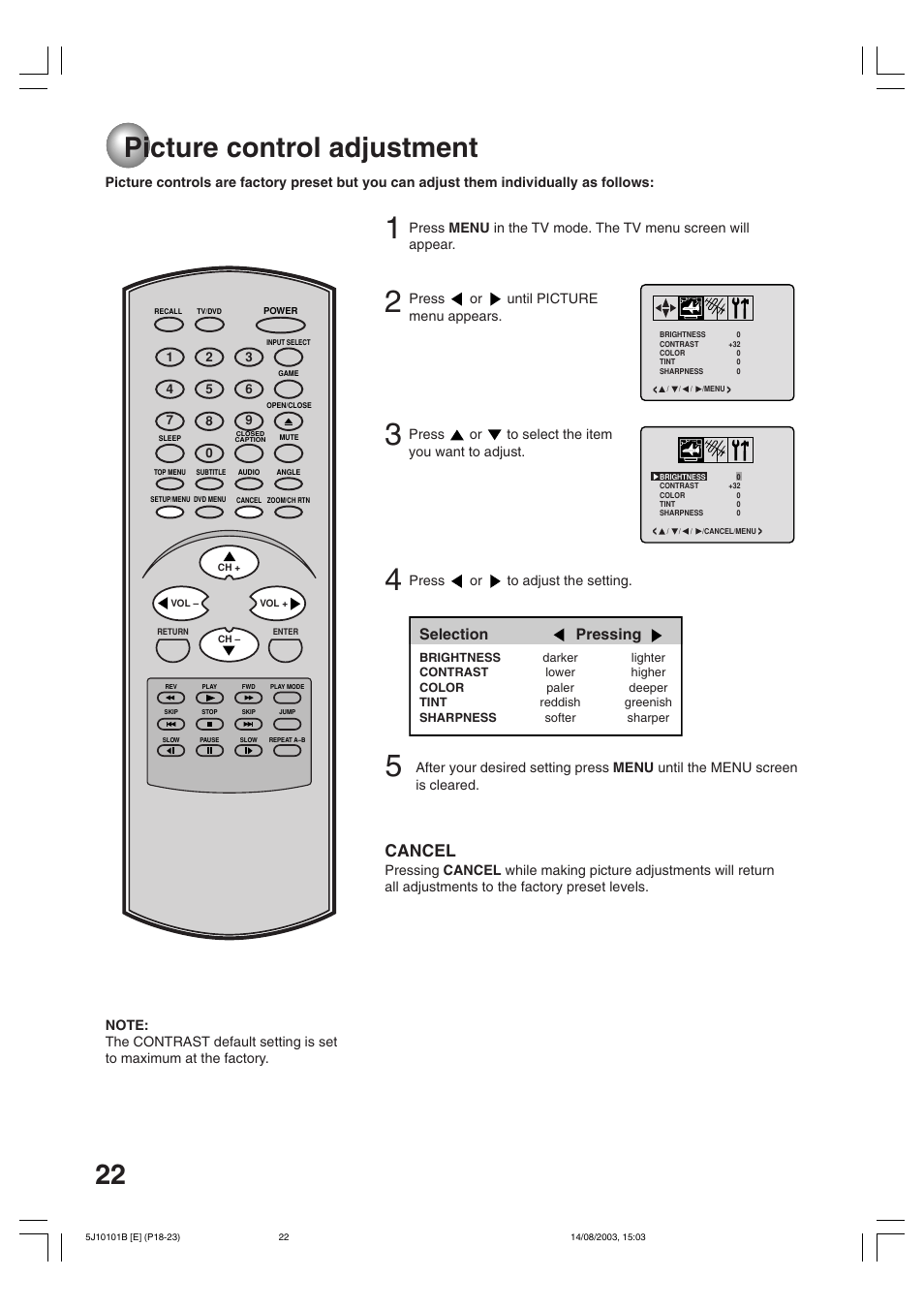 Picture control adjustment, Cancel, Selection pressing | Toshiba MD19N1/R User Manual | Page 22 / 47