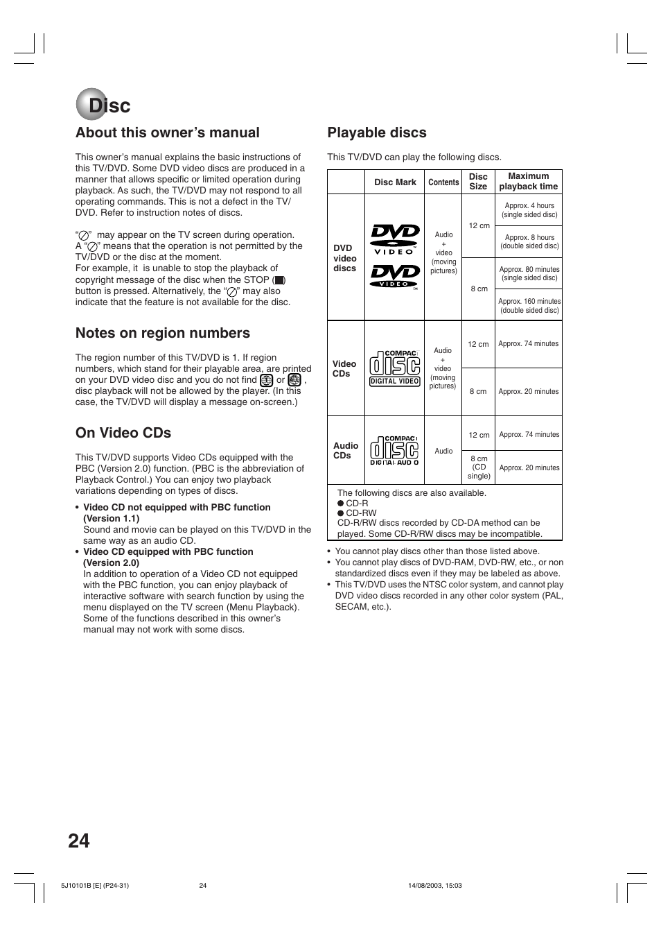 Playback operation, Disc, 24 disc | About this owner’s manual, On video cds, Playable discs | Toshiba MD19N1/R User Manual | Page 24 / 47