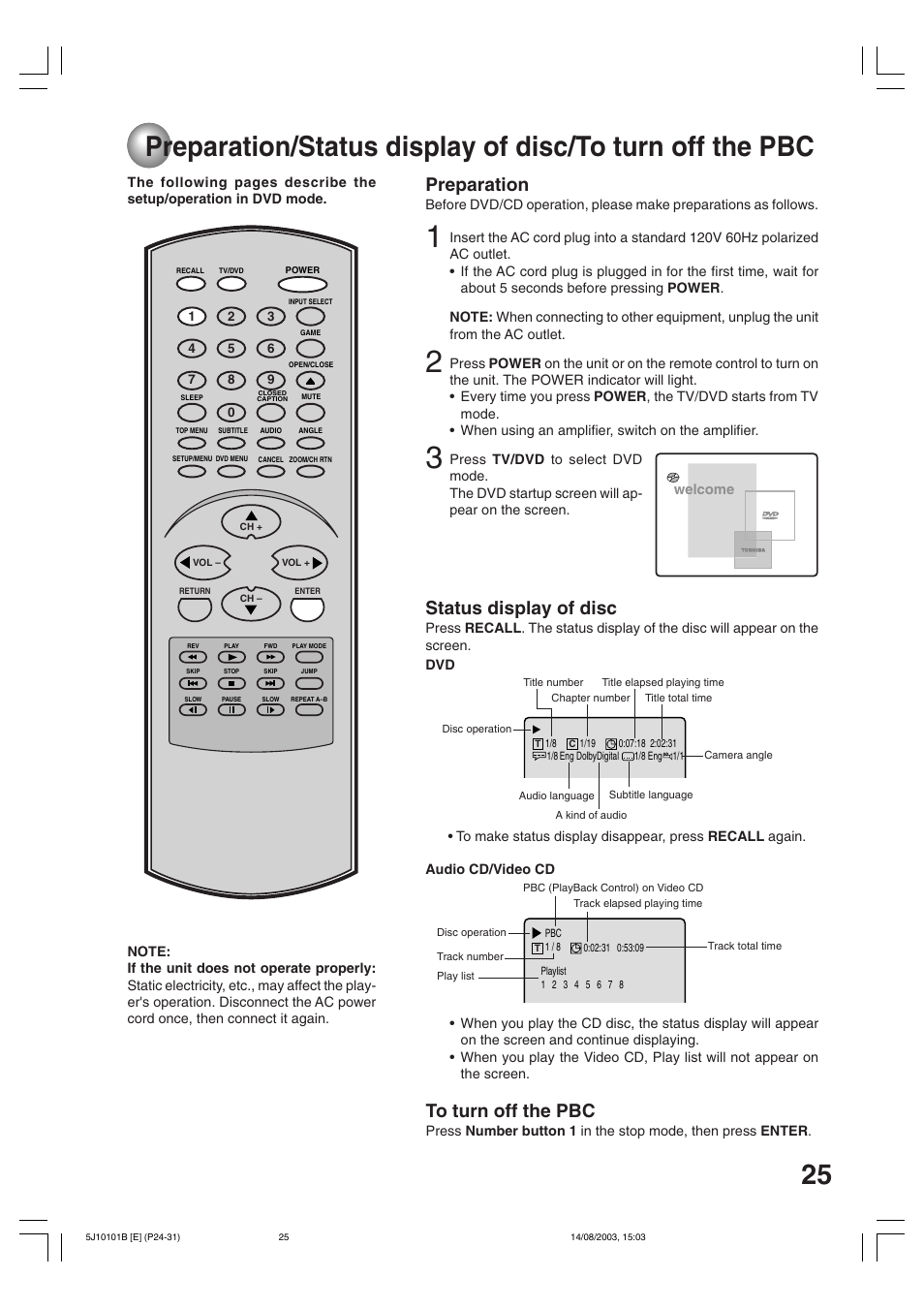 Status display of disc, Preparation | Toshiba MD19N1/R User Manual | Page 25 / 47