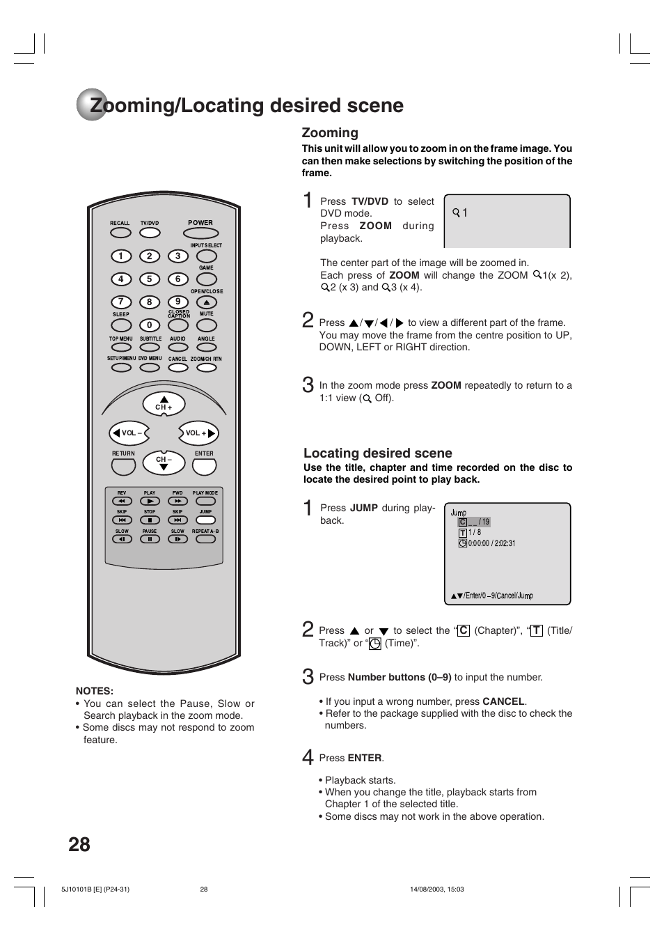 Advanced functions, Zooming/locating desired scene, Zooming | Locating desired scene | Toshiba MD19N1/R User Manual | Page 28 / 47