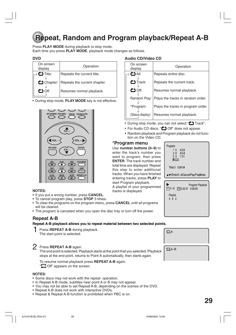 Repeat,random and program playback/repeat, Repeat, random and program playback/repeat a-b, Repeat a-b | Program menu | Toshiba MD19N1/R User Manual | Page 29 / 47