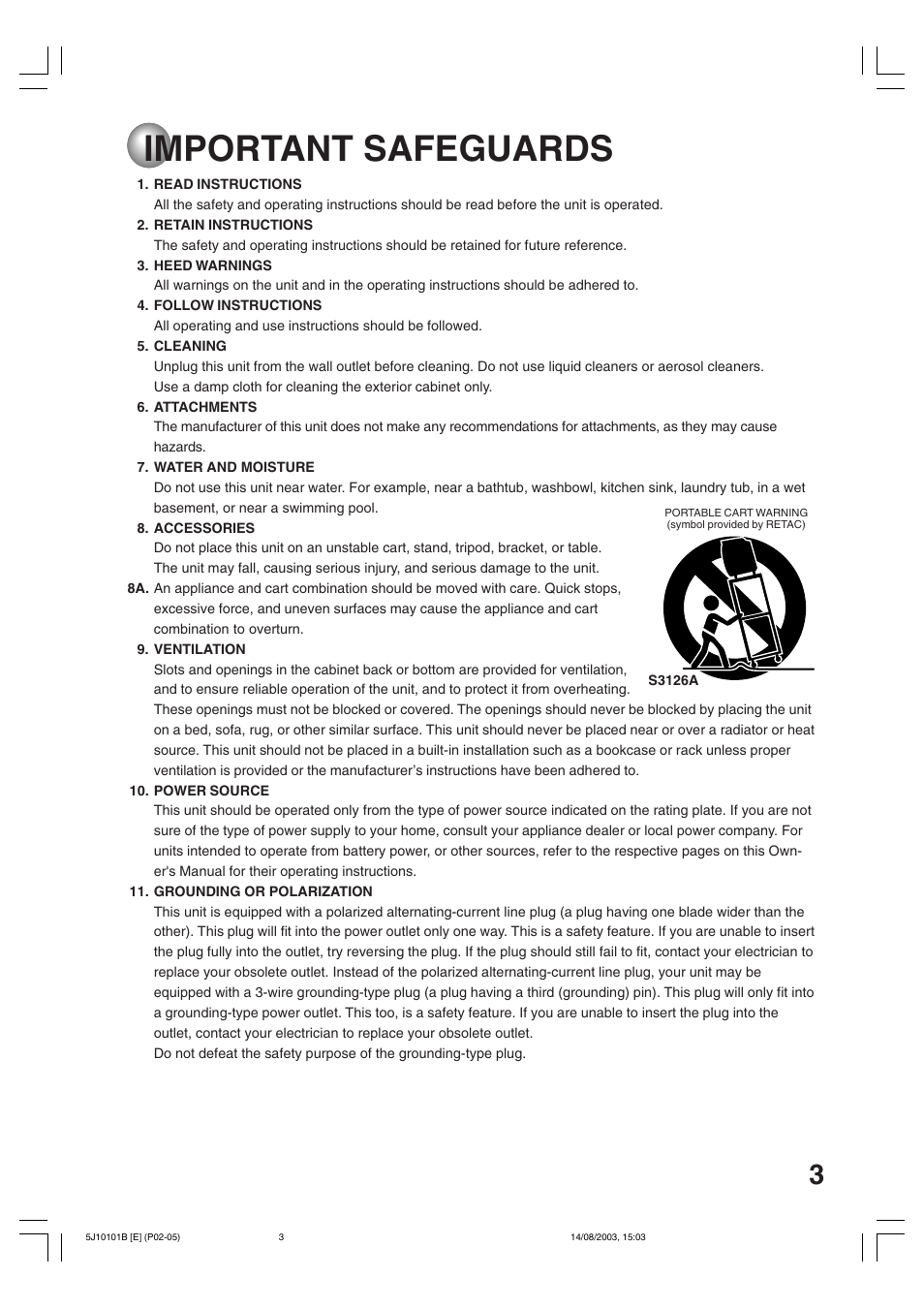 Safeguards, Important safeguards | Toshiba MD19N1/R User Manual | Page 3 / 47