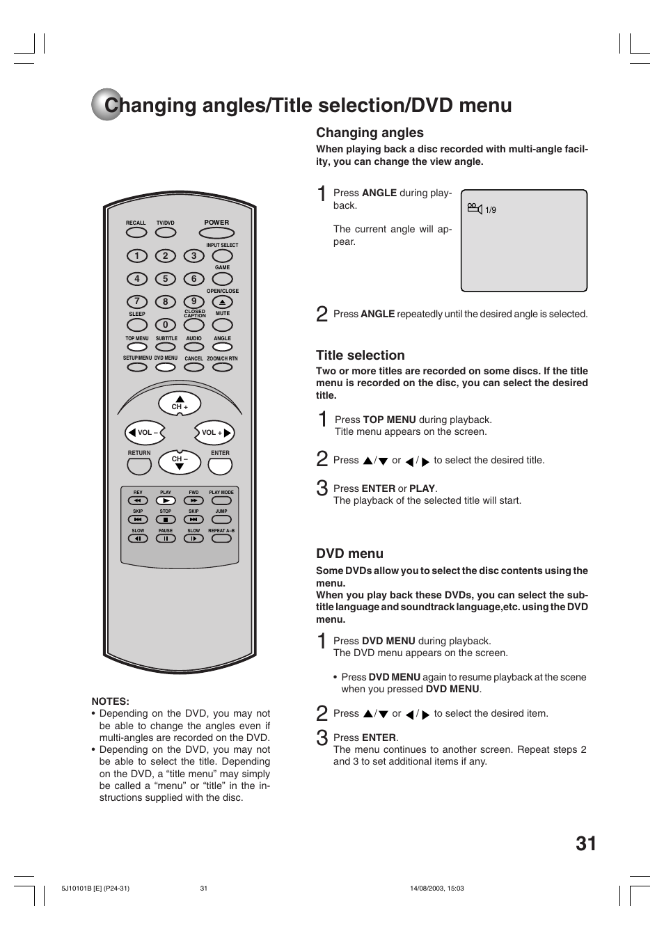 Changing angles/title selection/dvd menu, 31 changing angles/title selection/dvd menu, Changing angles | Title selection, Dvd menu | Toshiba MD19N1/R User Manual | Page 31 / 47