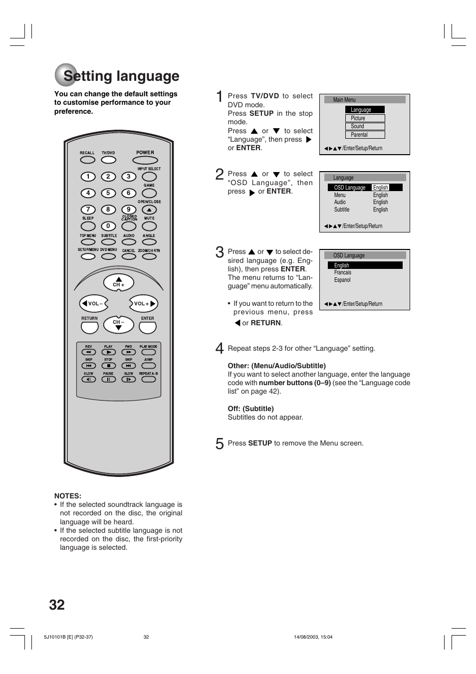 Additional information, Setting language, 32 setting language | Toshiba MD19N1/R User Manual | Page 32 / 47