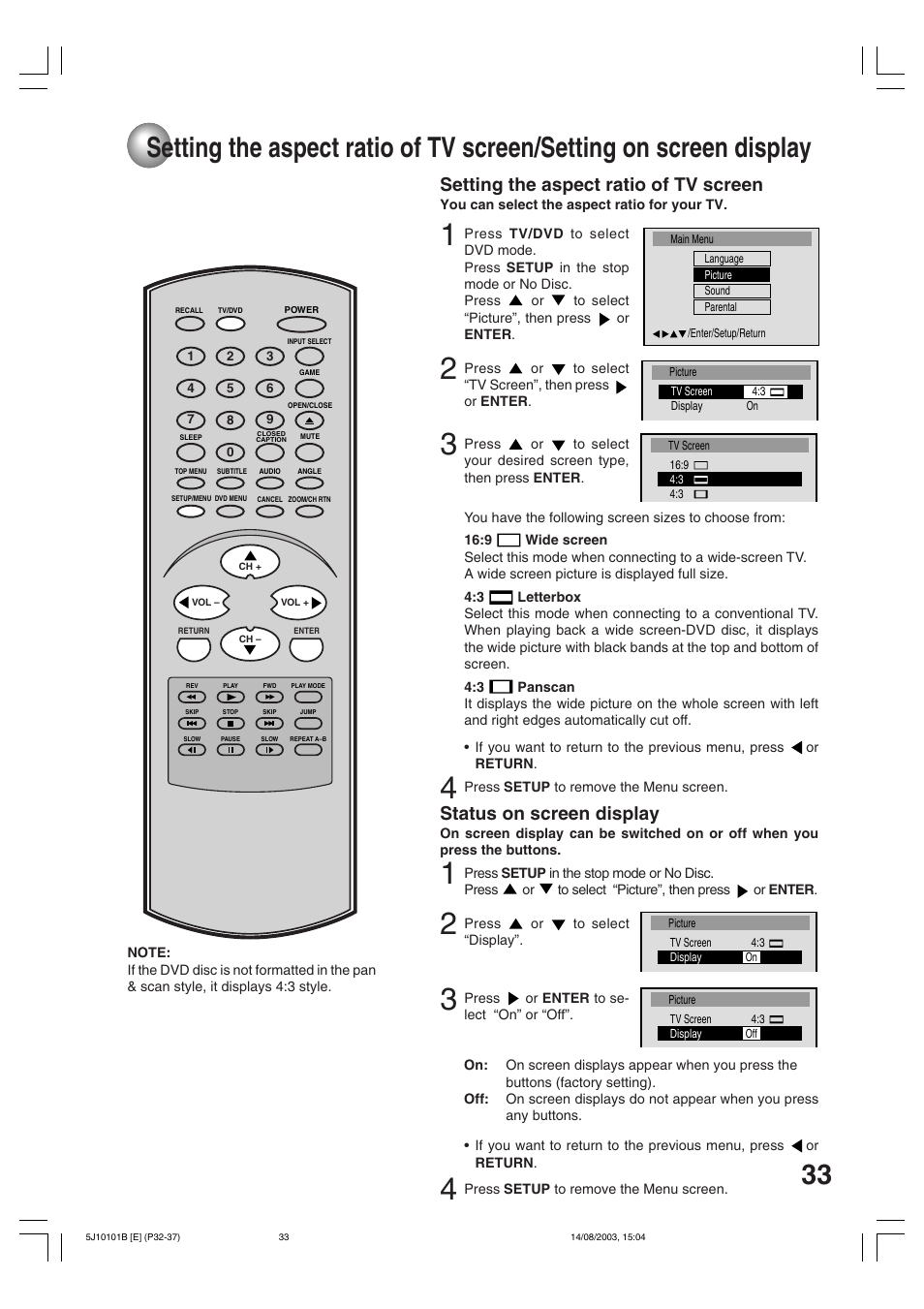 Setting the aspect ratio of tv screen, Status on screen display | Toshiba MD19N1/R User Manual | Page 33 / 47