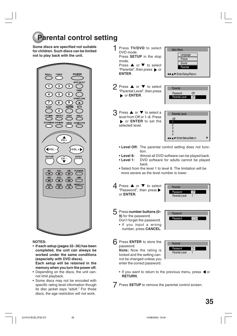 Parental control setting, 35 parental control setting | Toshiba MD19N1/R User Manual | Page 35 / 47