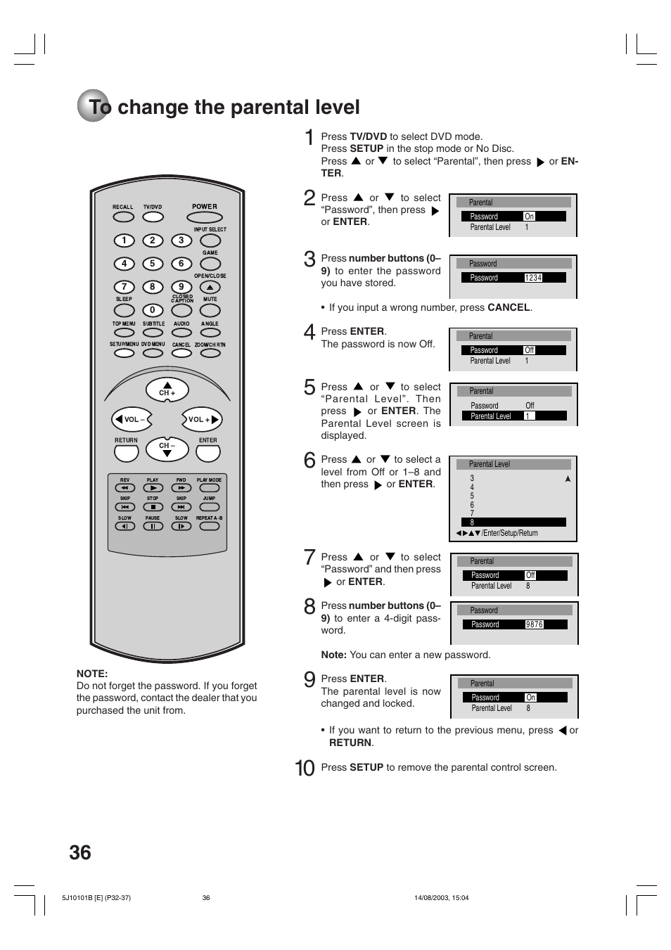 To change the parental level, 36 to change the parental level | Toshiba MD19N1/R User Manual | Page 36 / 47