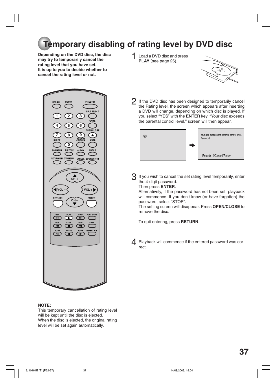 Temporary disabling of rating level by dvd disc, 37 temporary disabling of rating level by dvd disc | Toshiba MD19N1/R User Manual | Page 37 / 47