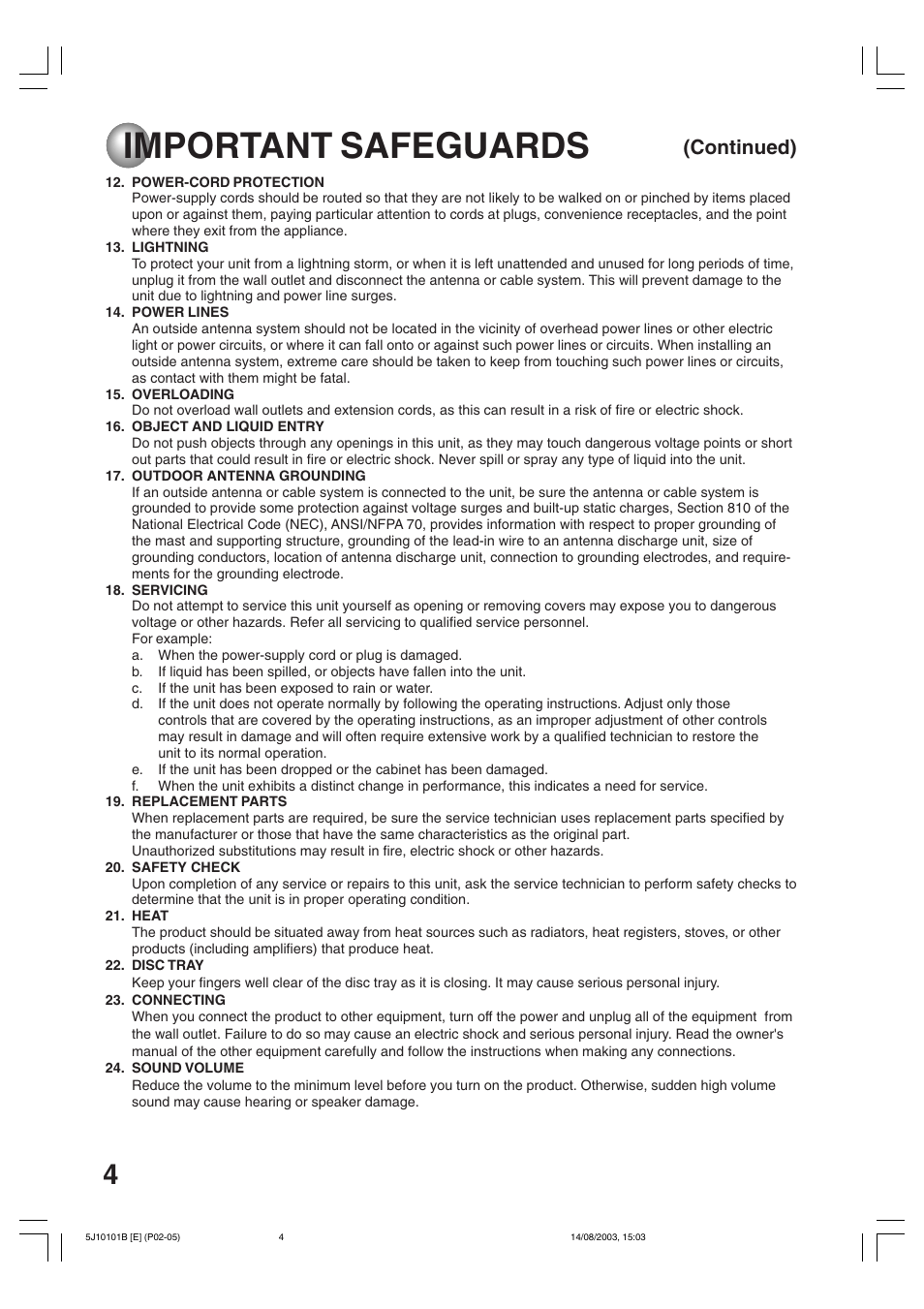 Important safeguards, Continued) | Toshiba MD19N1/R User Manual | Page 4 / 47