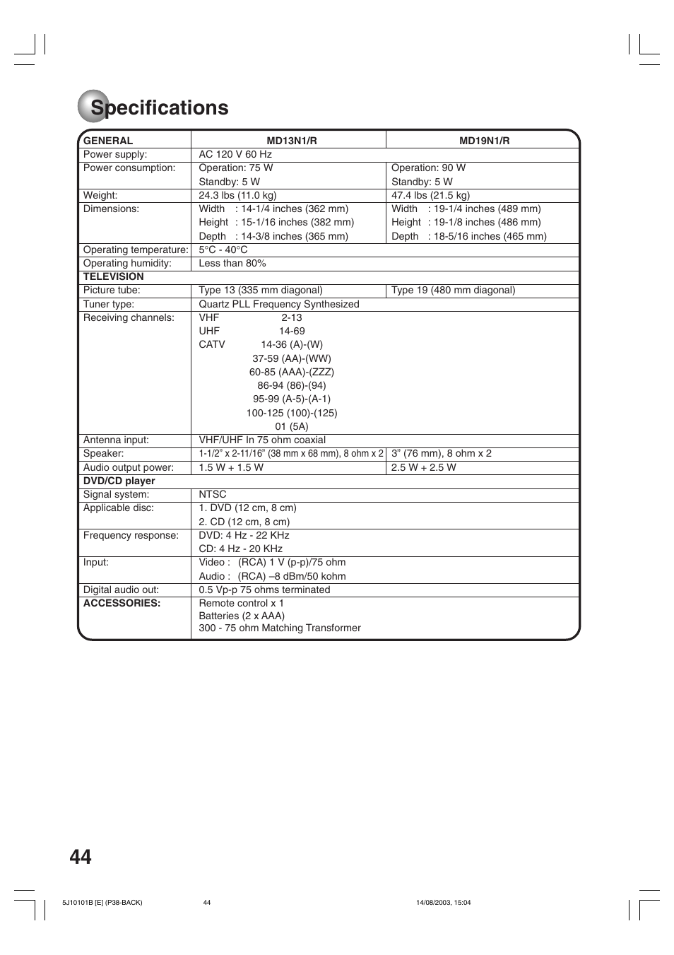 Specifications, 44 specifications | Toshiba MD19N1/R User Manual | Page 44 / 47