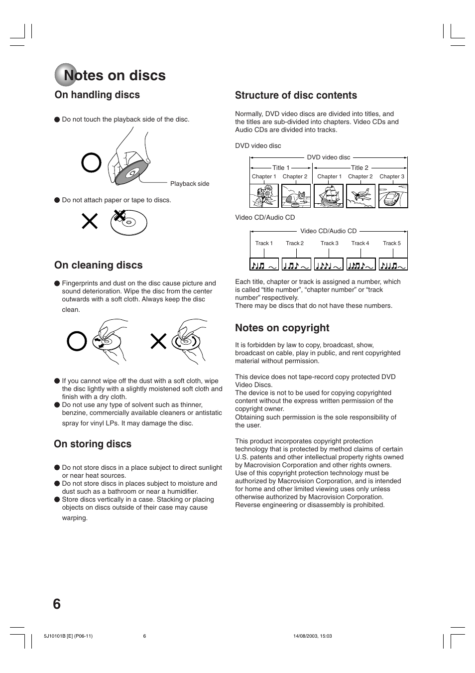 Notes on discs, On handling discs | Toshiba MD19N1/R User Manual | Page 6 / 47