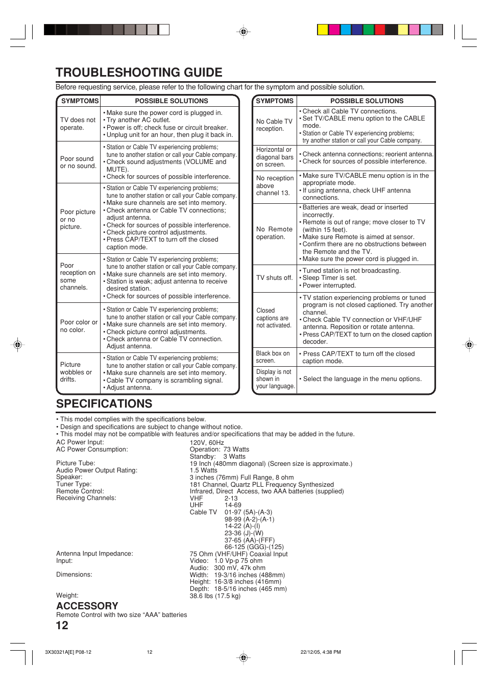 Troubleshooting guide, Specifications, Accessory | Toshiba 20AS26 User Manual | Page 12 / 28