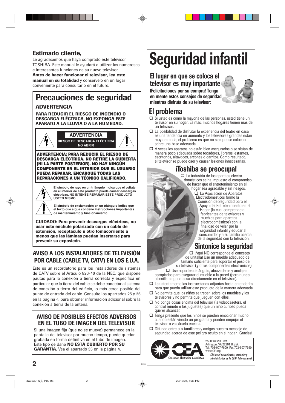 Seguridad infantil, Precauciones de seguridad, El problema | Toshiba se preocupa, Sintonice la seguridad, Estimado cliente | Toshiba 20AS26 User Manual | Page 16 / 28