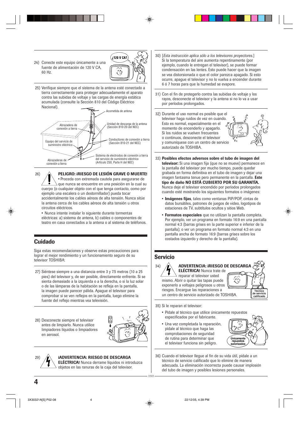 Cuidado, Servicio | Toshiba 20AS26 User Manual | Page 18 / 28