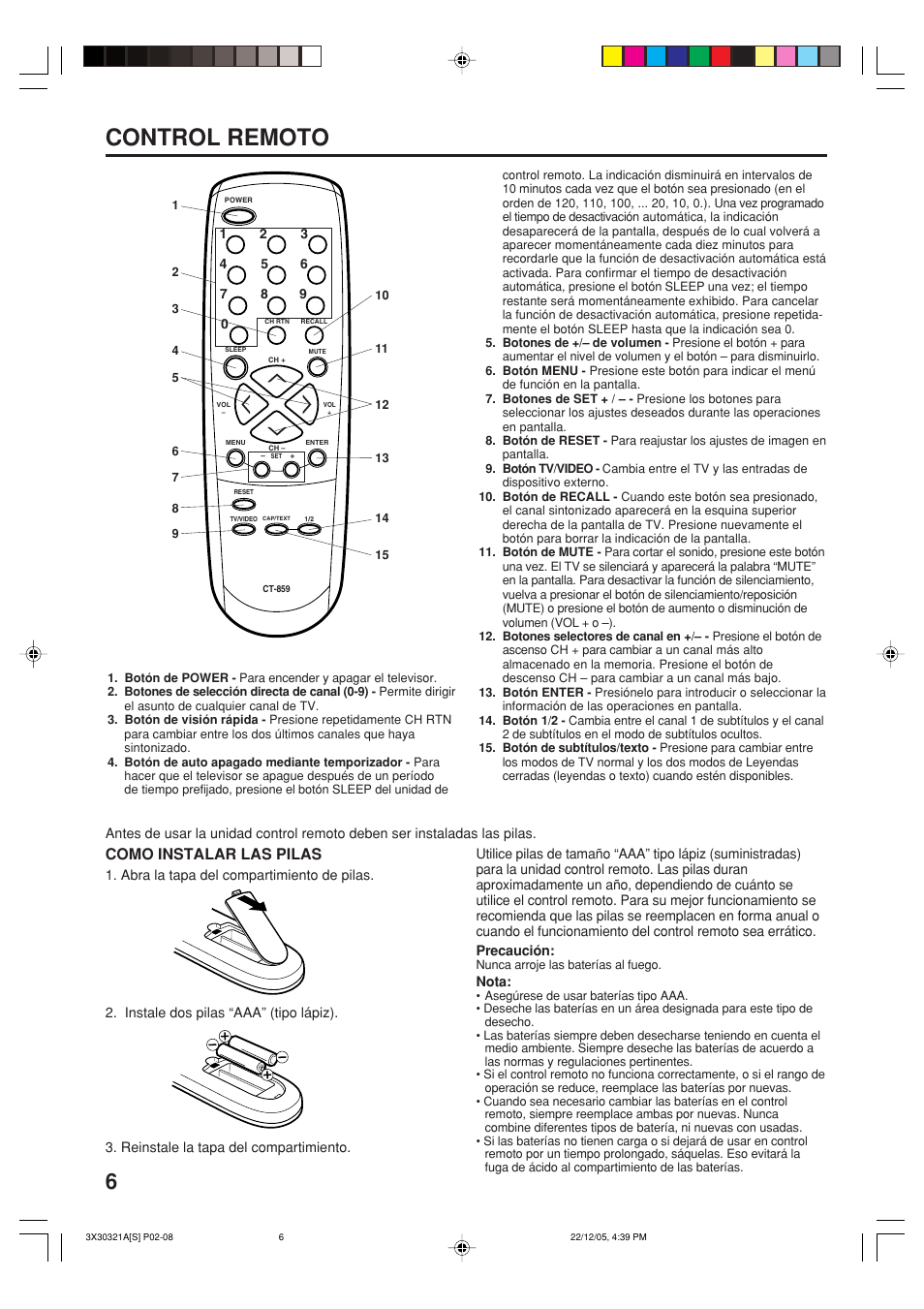 Control remoto, Como instalar las pilas | Toshiba 20AS26 User Manual | Page 20 / 28