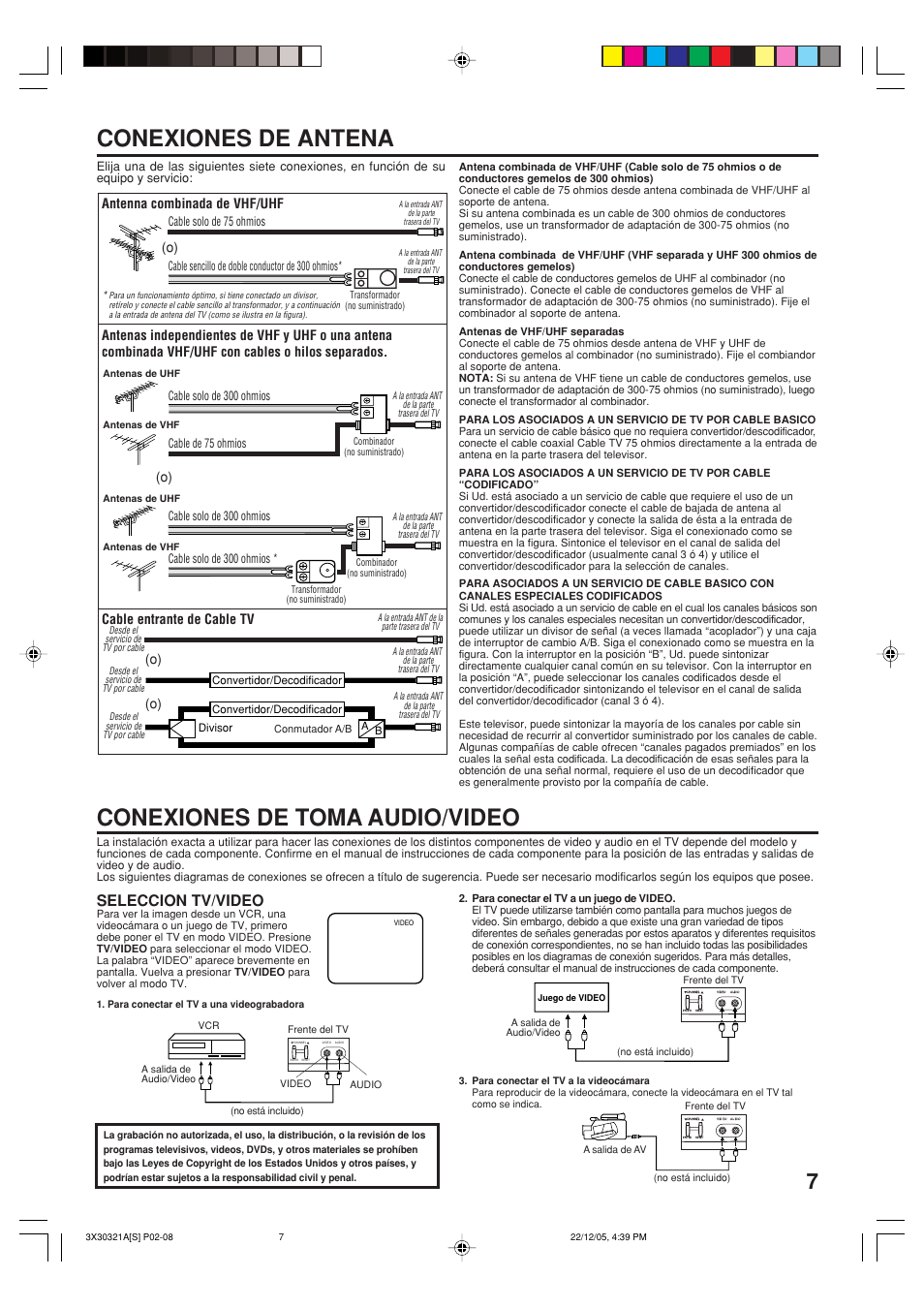 Conexiones de antena, Conexiones de toma audio/video, Seleccion tv/video | Antenna combinada de vhf/uhf, Cable entrante de cable tv (o) (o) | Toshiba 20AS26 User Manual | Page 21 / 28