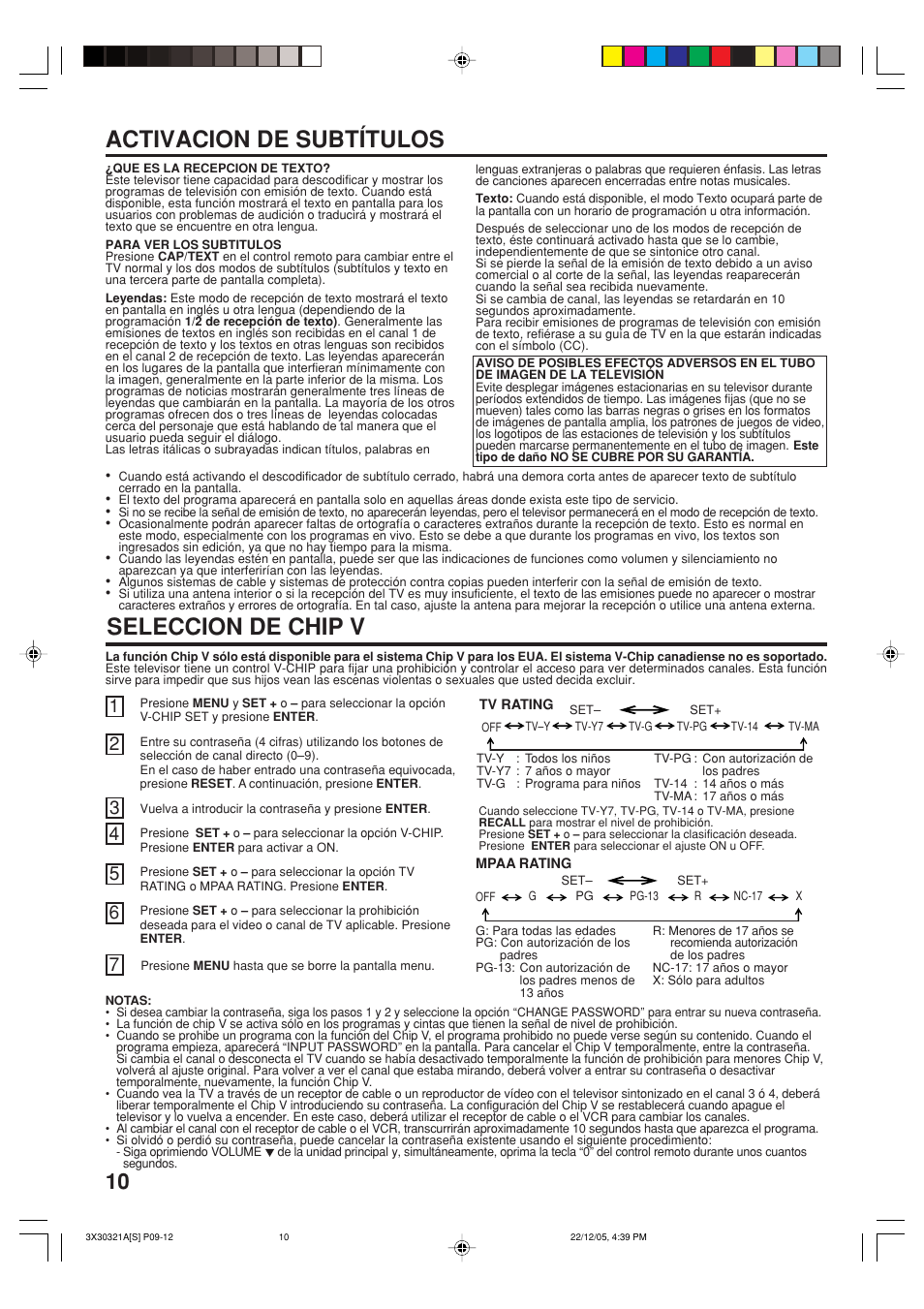 Seleccion de chip v, Activacion de subtítulos | Toshiba 20AS26 User Manual | Page 24 / 28