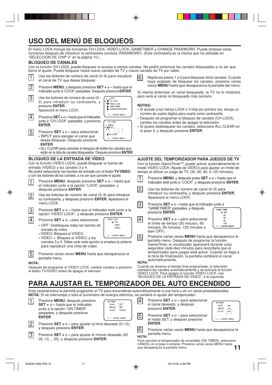 Uso del menú de bloqueos, Para ajustar el temporizador del auto encendido | Toshiba 20AS26 User Manual | Page 25 / 28