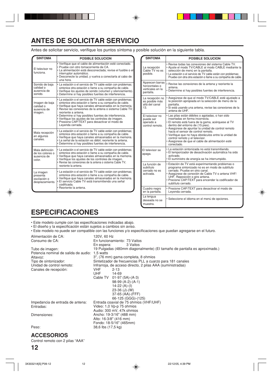 Antes de solicitar servicio, Especificaciones, Accesorios | Toshiba 20AS26 User Manual | Page 26 / 28