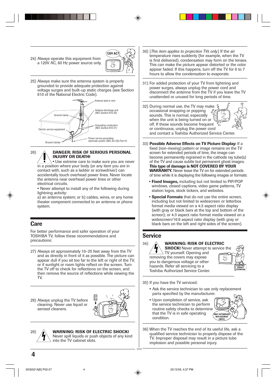 Care, Service | Toshiba 20AS26 User Manual | Page 4 / 28