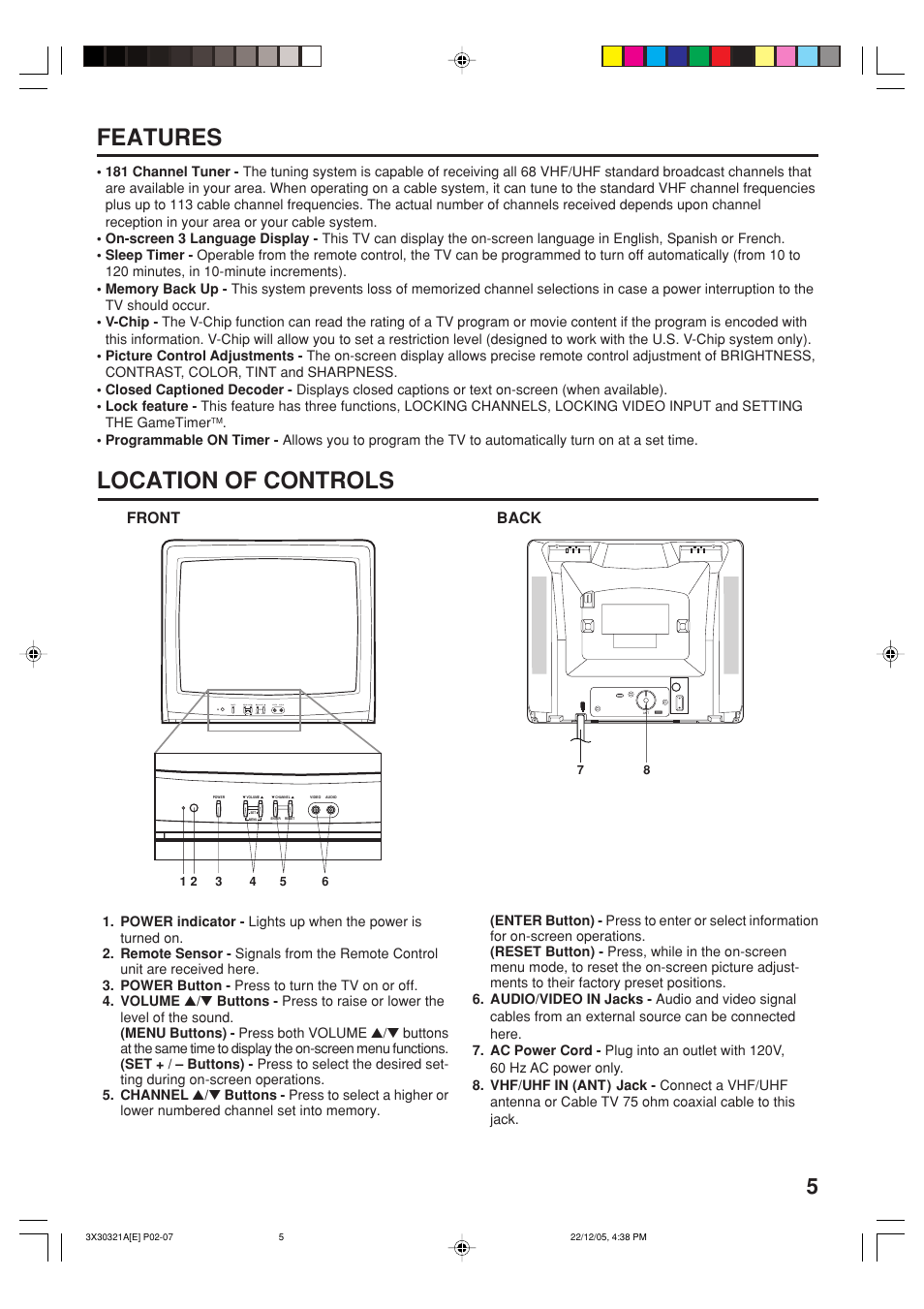 Features location of controls, Front back | Toshiba 20AS26 User Manual | Page 5 / 28