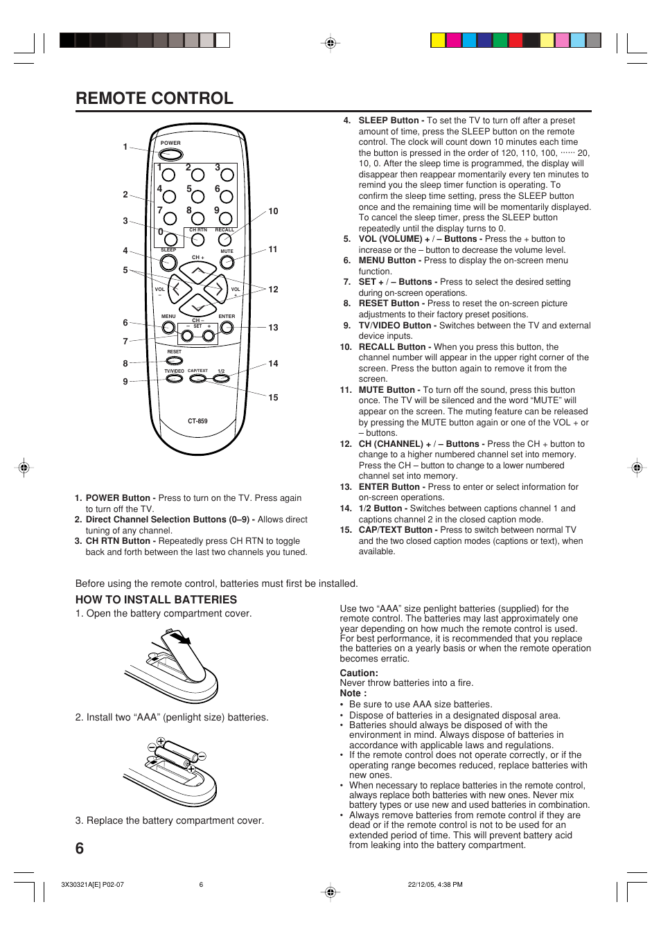 Remote control, How to install batteries | Toshiba 20AS26 User Manual | Page 6 / 28