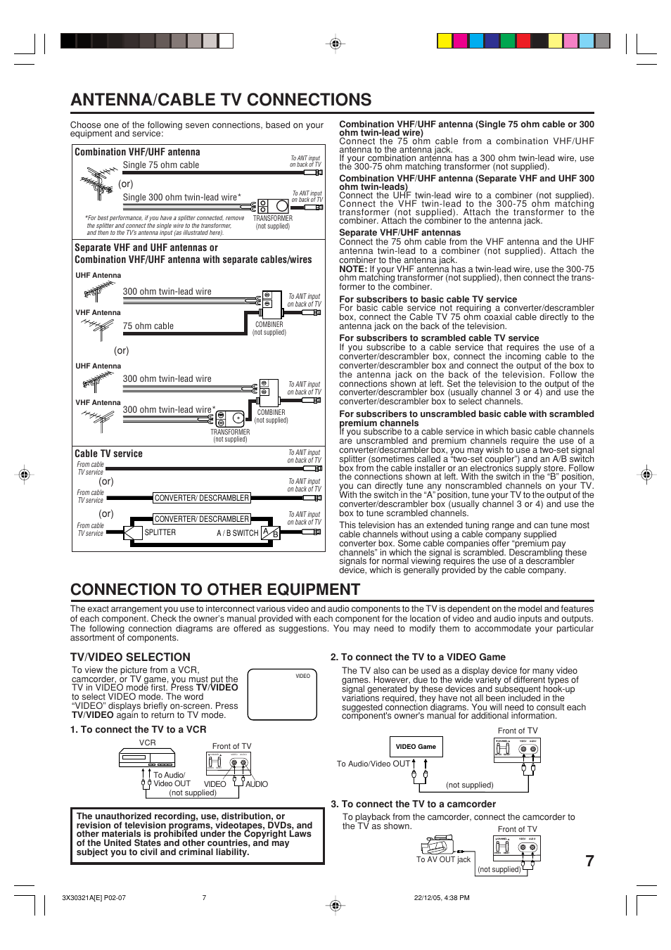 Antenna/cable tv connections, Connection to other equipment, Tv/video selection | Combination vhf/uhf antenna, Cable tv service (or) (or) | Toshiba 20AS26 User Manual | Page 7 / 28