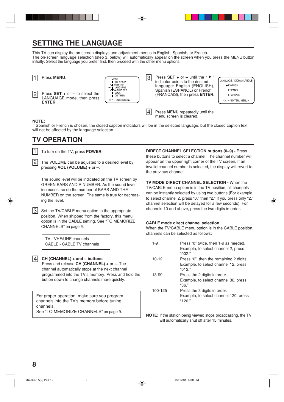 Setting the language, Tv operation | Toshiba 20AS26 User Manual | Page 8 / 28