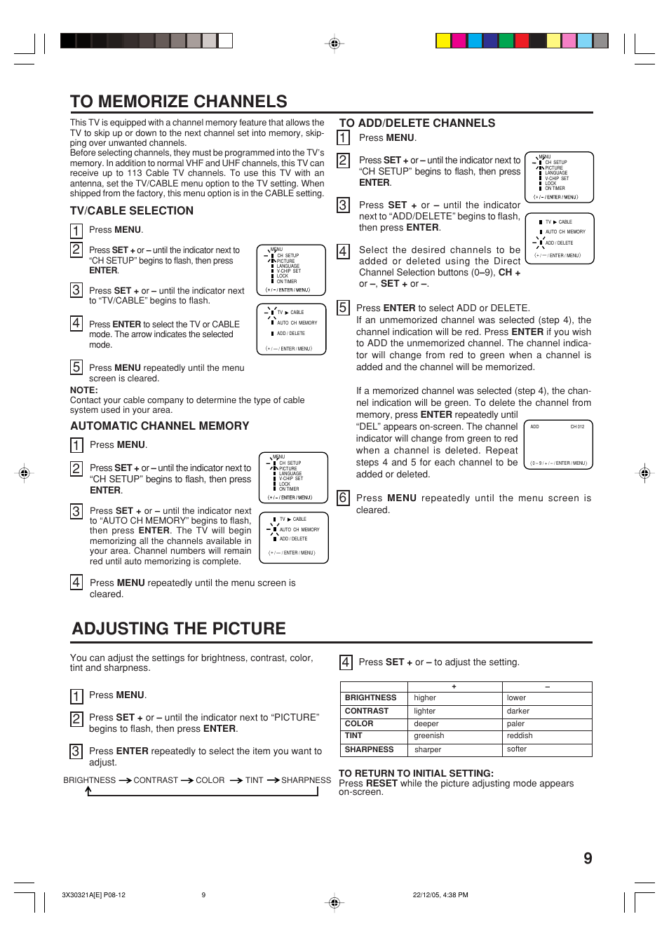 Adjusting the picture, Tv/cable selection | Toshiba 20AS26 User Manual | Page 9 / 28