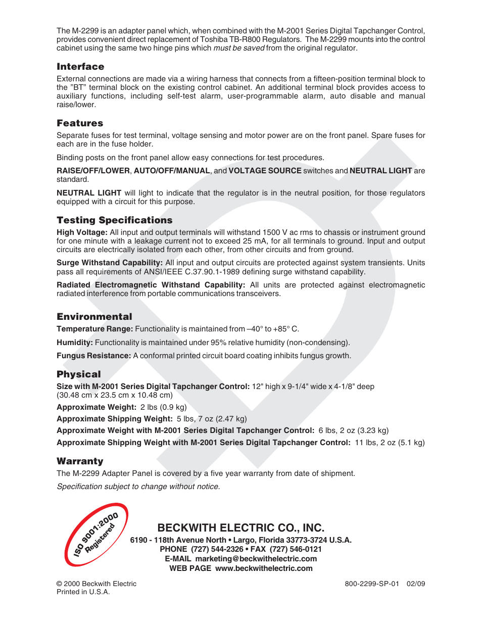 Beckwith electric co., inc | Toshiba M-2001 Series User Manual | Page 3 / 26