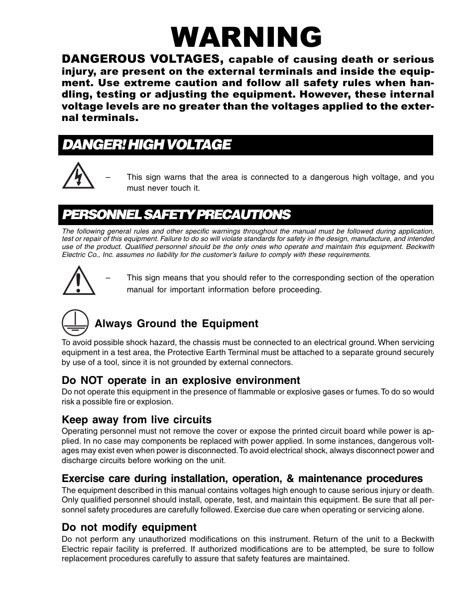 Warning, Danger! high voltage, Personnel safety precautions | Toshiba M-2001 Series User Manual | Page 4 / 26