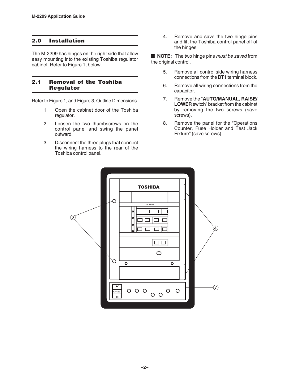 0 installation, 1 removal of the toshiba regulator, Figure 1 toshiba regulator in cabinet | Bd g | Toshiba M-2001 Series User Manual | Page 9 / 26