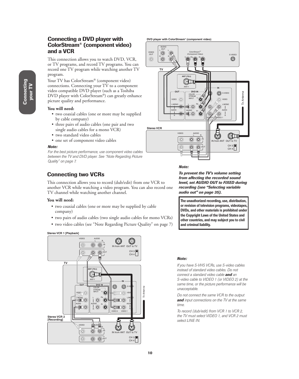 Dvd player with colorstream and a vcr / two vcrs, Connecting a dvd player with colorstream, Component video) and a vcr | Connecting two vcrs, Ref er ence, Connecting y our t v | Toshiba 32A62 User Manual | Page 10 / 41