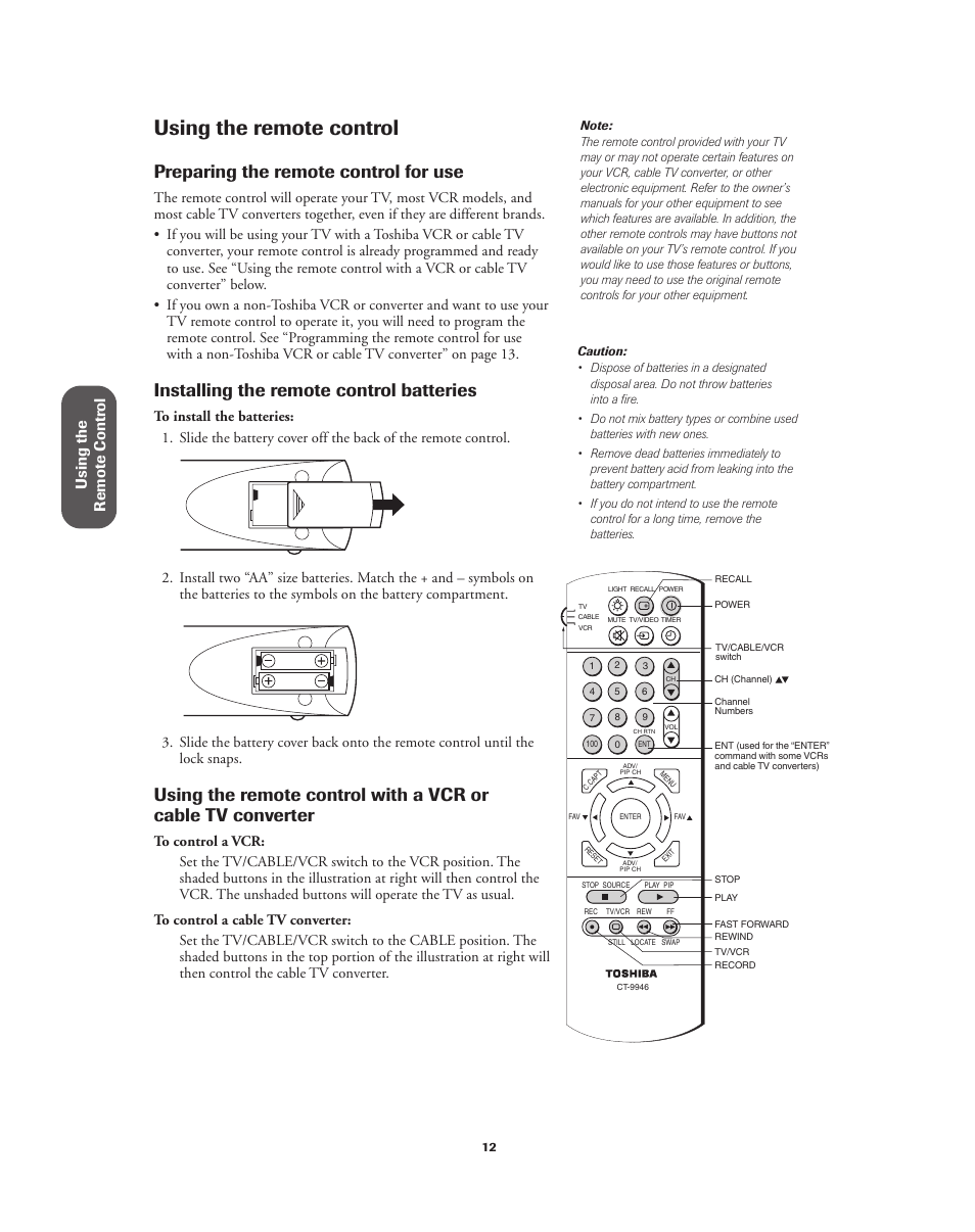 Using the remote control, Preparing for use, Using with a vcr or cable tv converter | Preparing the remote control for use, Installing the remote control batteries, Using the remote contr ol | Toshiba 32A62 User Manual | Page 12 / 41