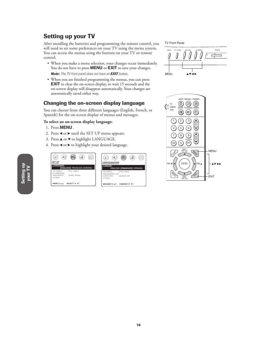 Setting up your tv, Changing the on-screen display language, Setting up y our t v | Until the set up menu appears. 3. press | Toshiba 32A62 User Manual | Page 16 / 41