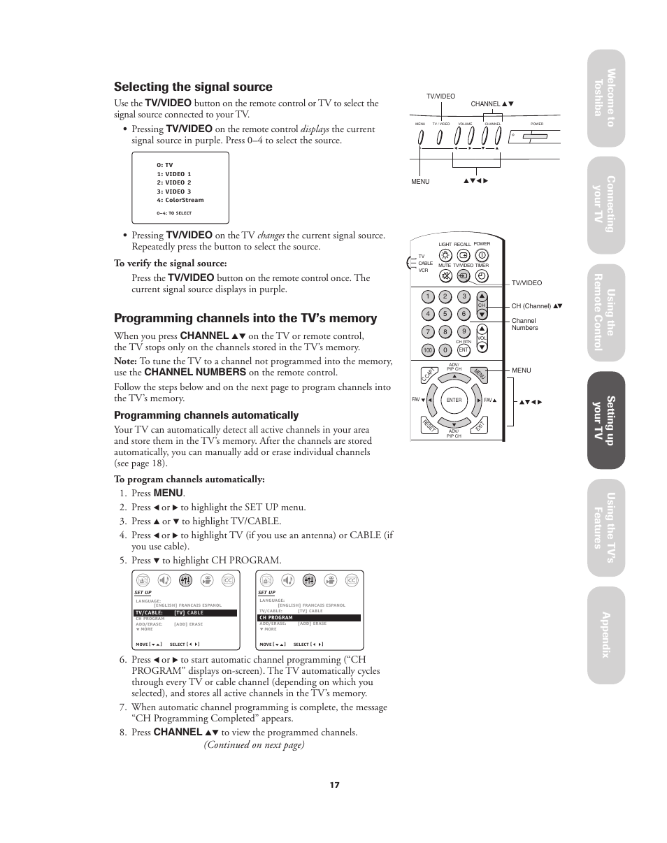 Selecting the signal source, Programming channels automatically, Continued on next page) | When you press channel, Press | Toshiba 32A62 User Manual | Page 17 / 41