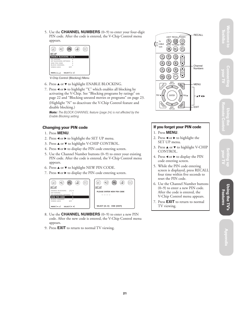 Changing your pin code | Toshiba 32A62 User Manual | Page 21 / 41