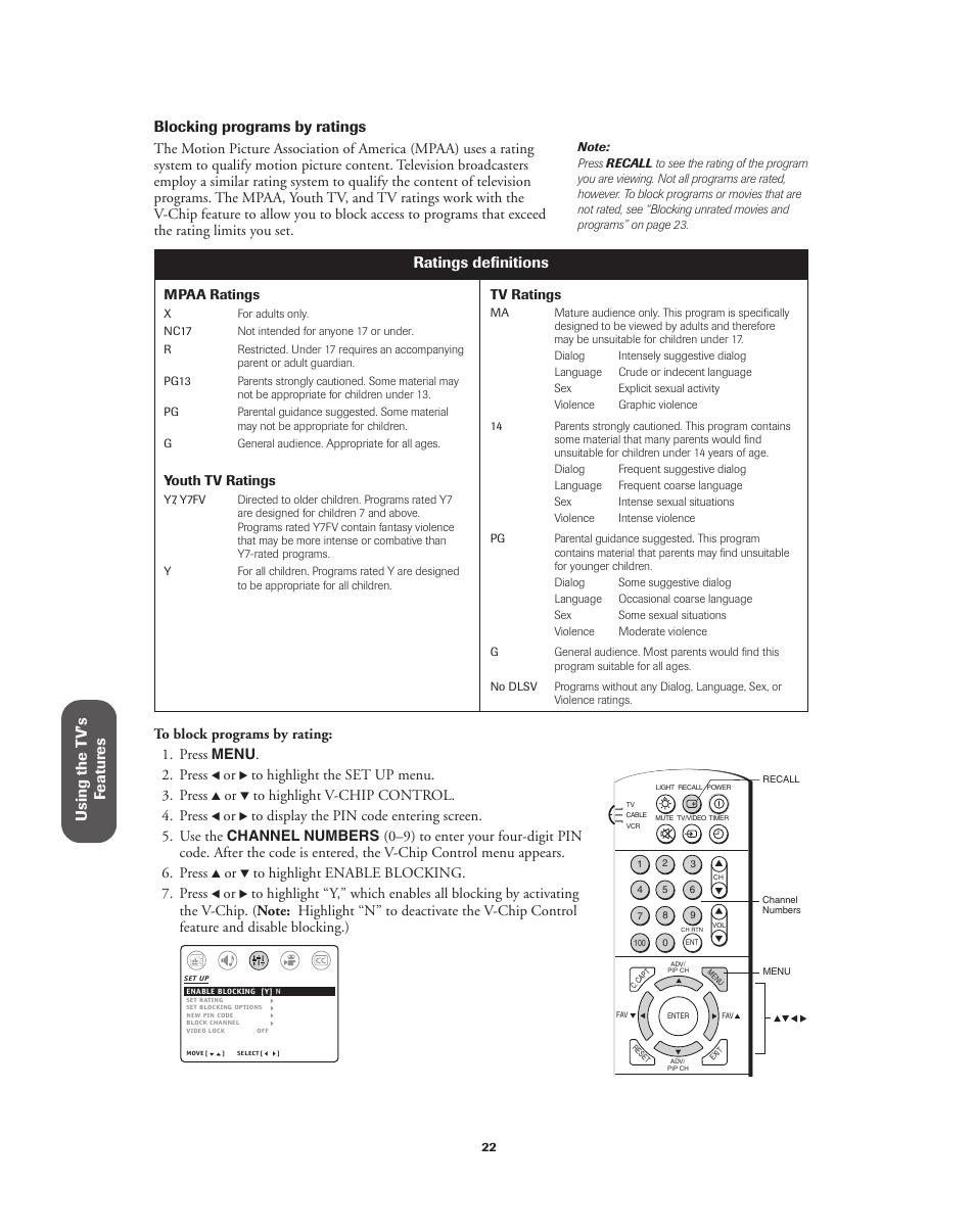 Using the t v’s f eatur es, Blocking programs by ratings, Ratings definitions | Toshiba 32A62 User Manual | Page 22 / 41