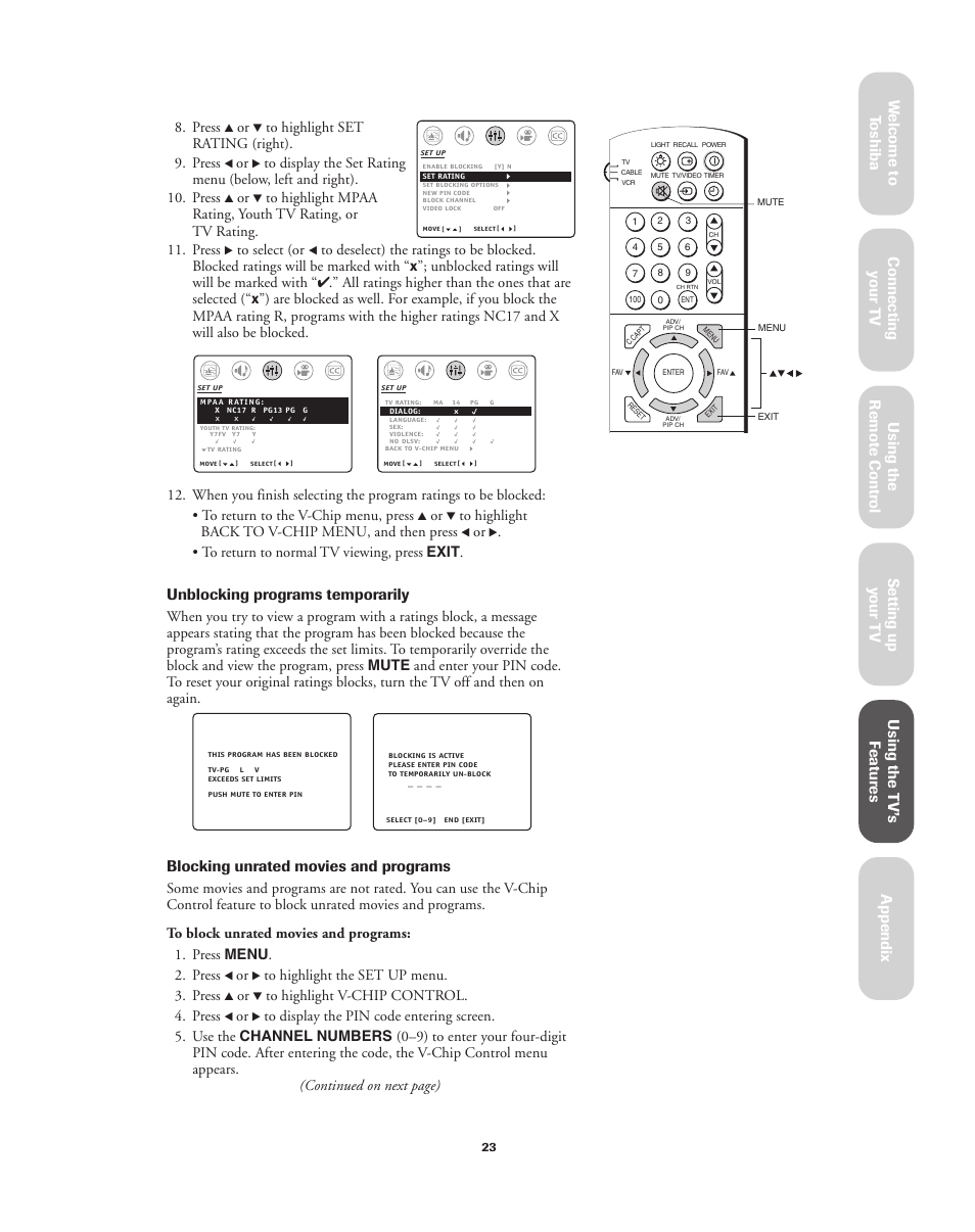 Unblocking programs temporarily, Blocking unrated movies and programs, Press | Toshiba 32A62 User Manual | Page 23 / 41