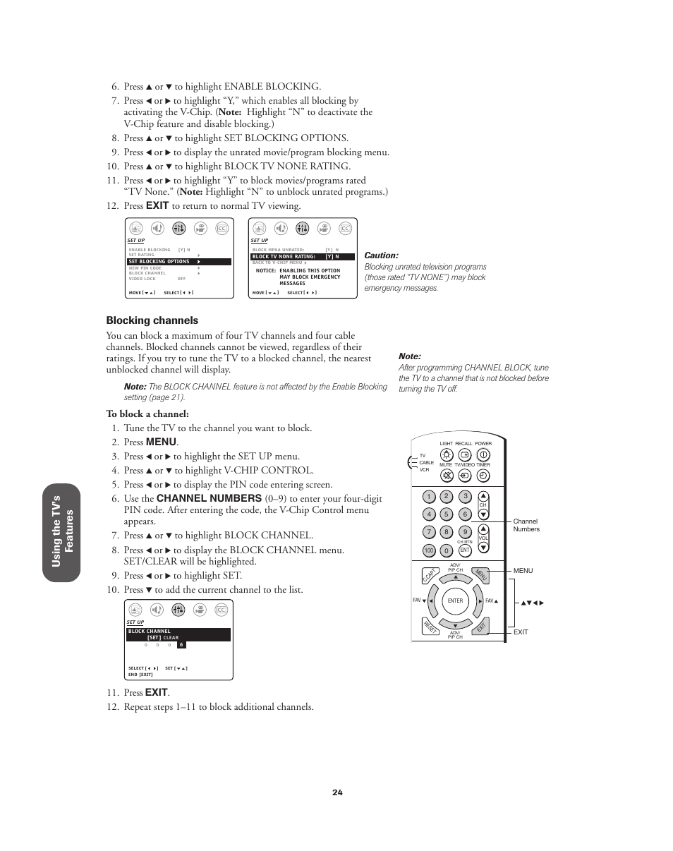 Using the t v’s f eatur es, Blocking channels, Press | Toshiba 32A62 User Manual | Page 24 / 41