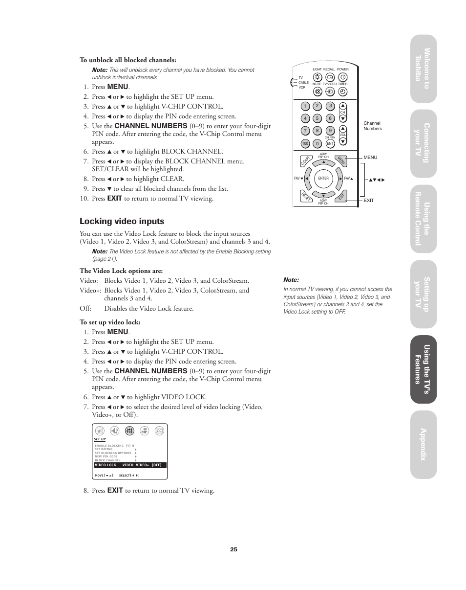 Locking video inputs | Toshiba 32A62 User Manual | Page 25 / 41
