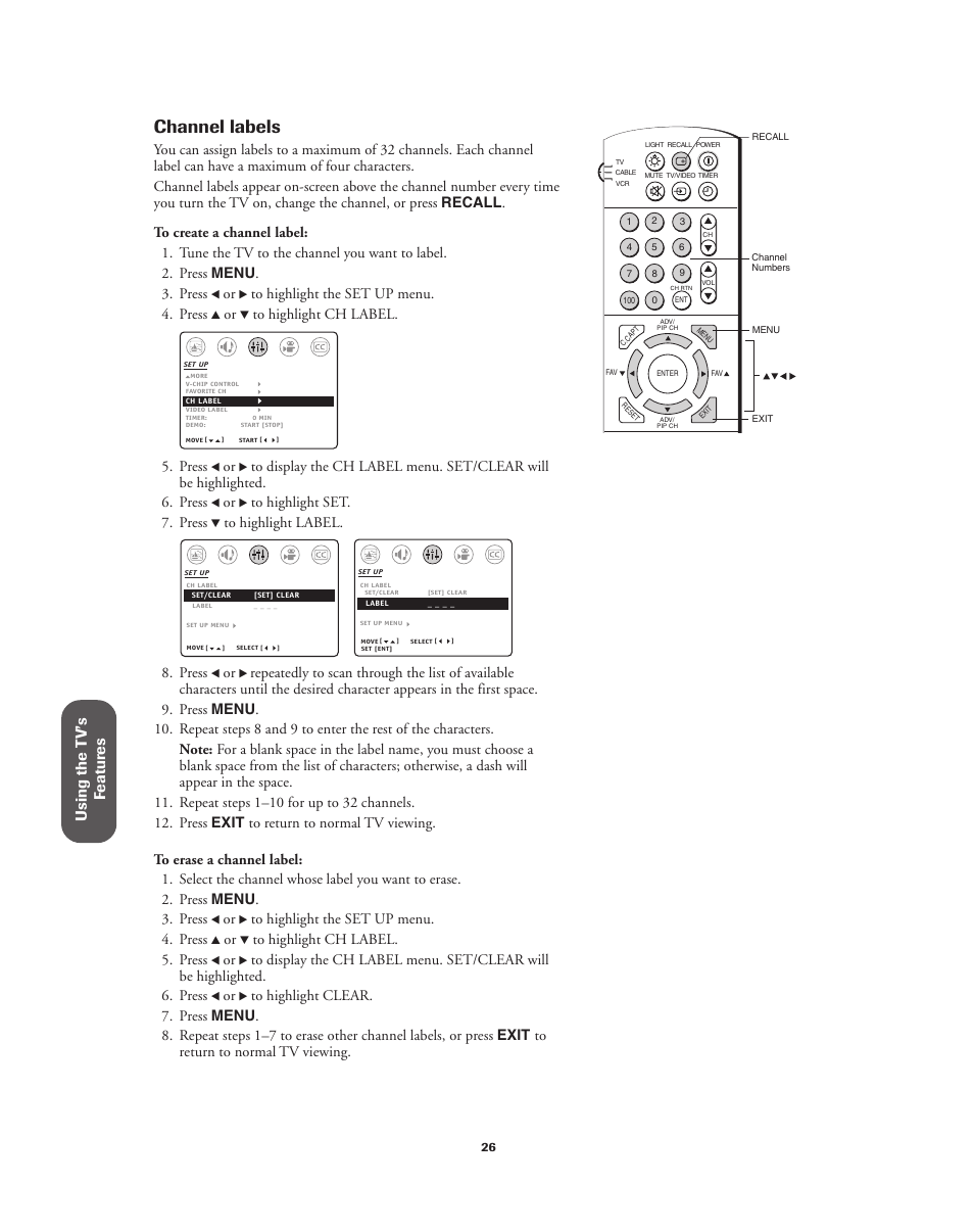 Channel labels, Using the t v’s f eatur es, Press | Toshiba 32A62 User Manual | Page 26 / 41