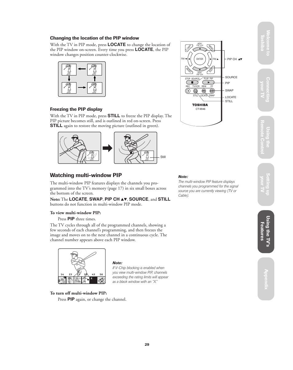 Watching multi-window pip, Ref er ence, Freezing the pip display | Toshiba 32A62 User Manual | Page 29 / 41