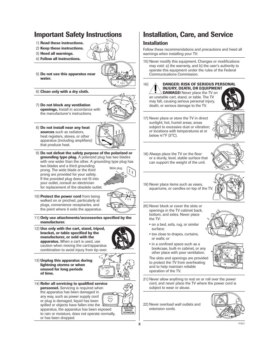 Installation, care, and service, Important safety instructions, Installation | Toshiba 32A62 User Manual | Page 3 / 41