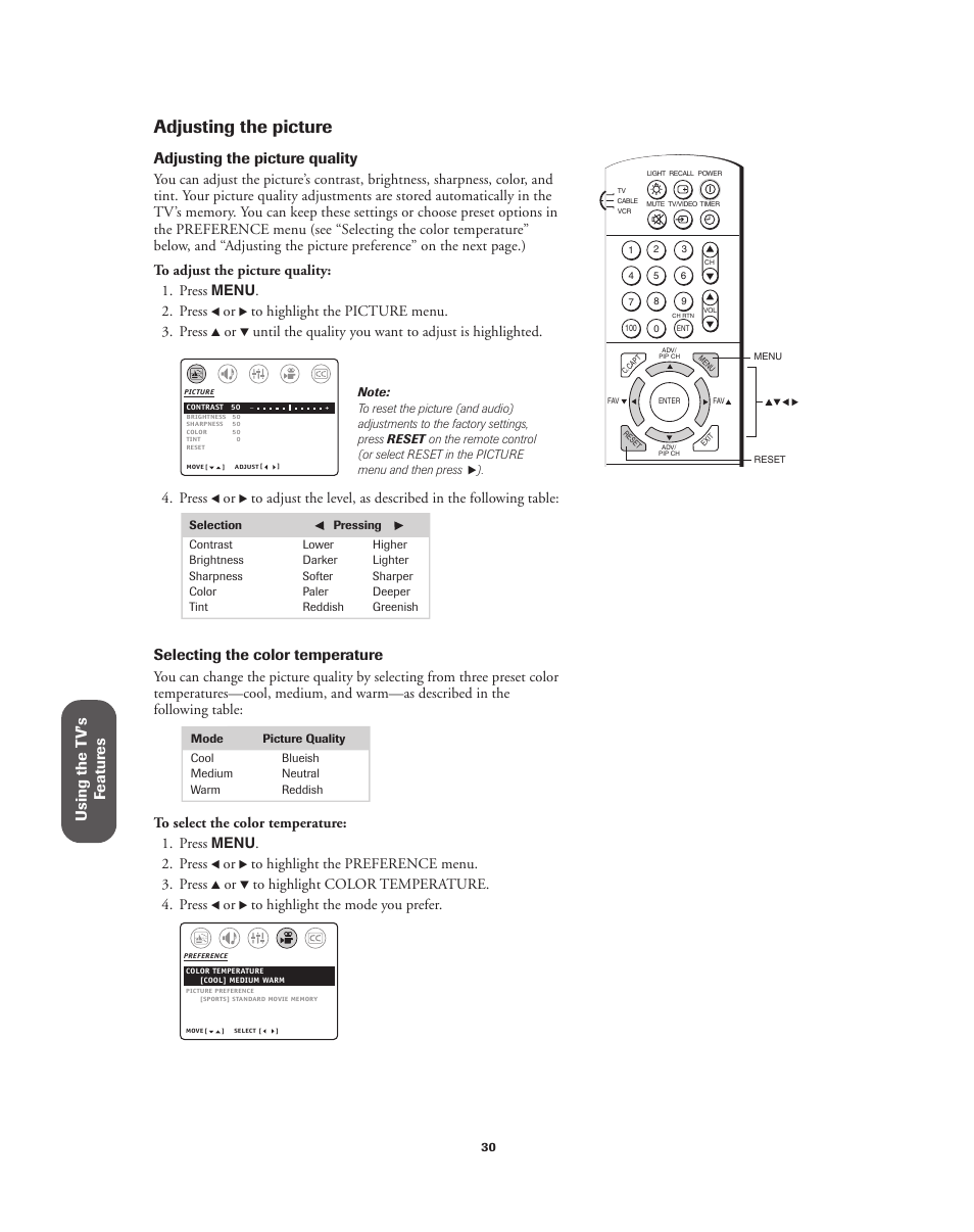 Adjusting the picture, Using the t v’s f eatur es, Adjusting the picture quality | Selecting the color temperature, Press | Toshiba 32A62 User Manual | Page 30 / 41