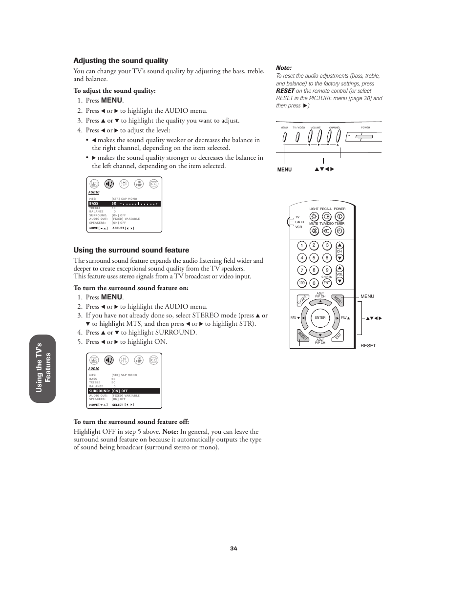 Using the surround sound feature | Toshiba 32A62 User Manual | Page 34 / 41