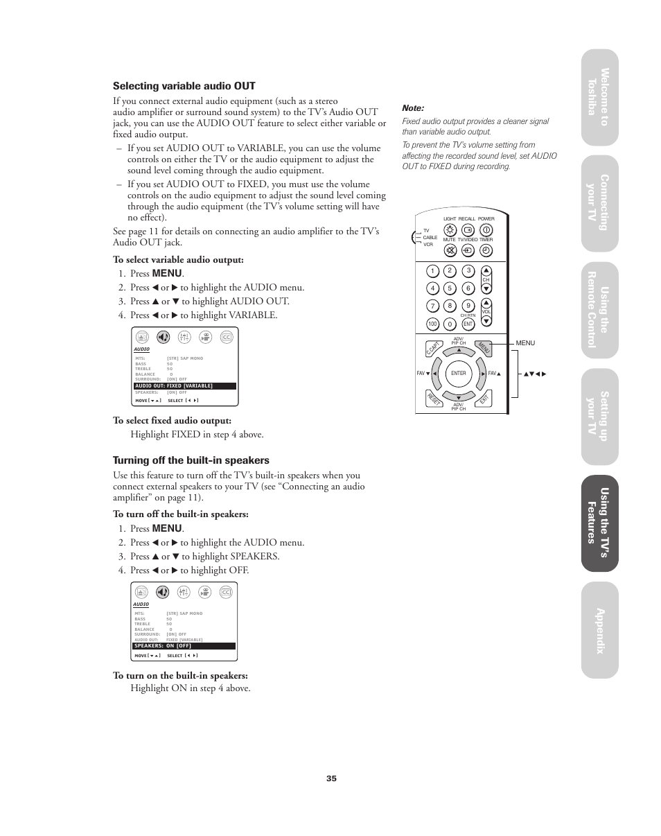 Ref er ence, Turning off the built-in speakers | Toshiba 32A62 User Manual | Page 35 / 41