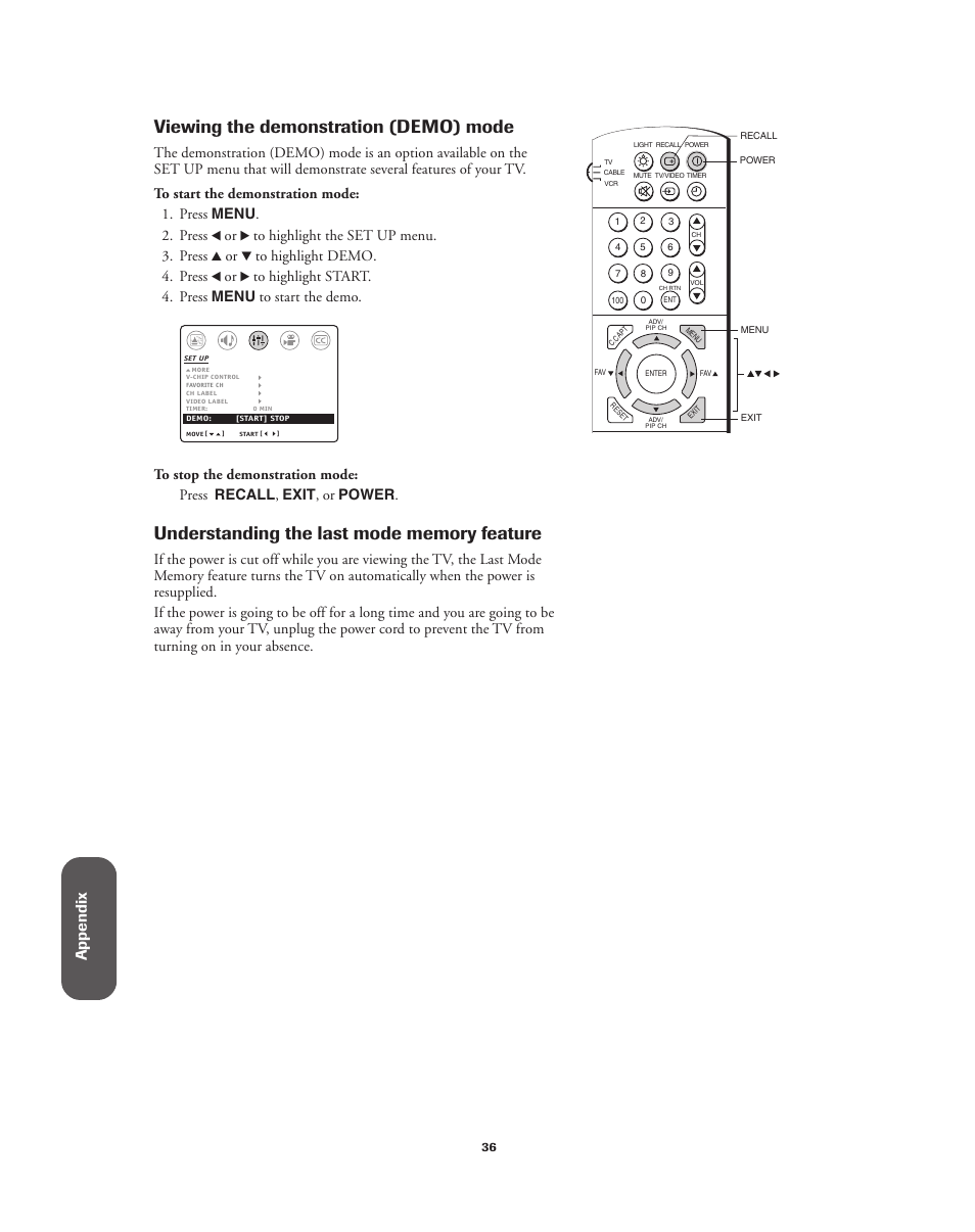 Viewing the demonstration mode, Viewing the demonstration (demo) mode, Ref er ence | Appendix | Toshiba 32A62 User Manual | Page 36 / 41