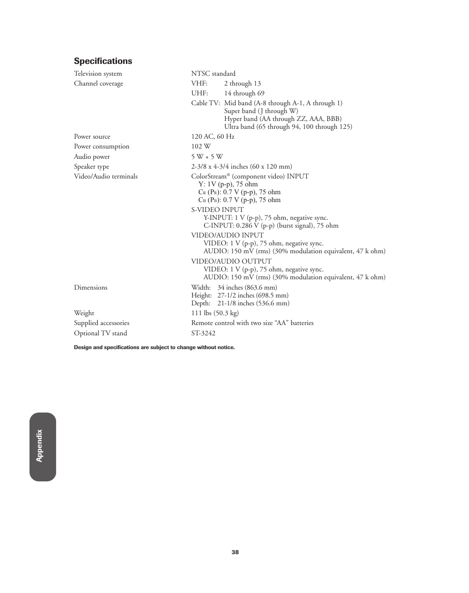 Specifications | Toshiba 32A62 User Manual | Page 38 / 41