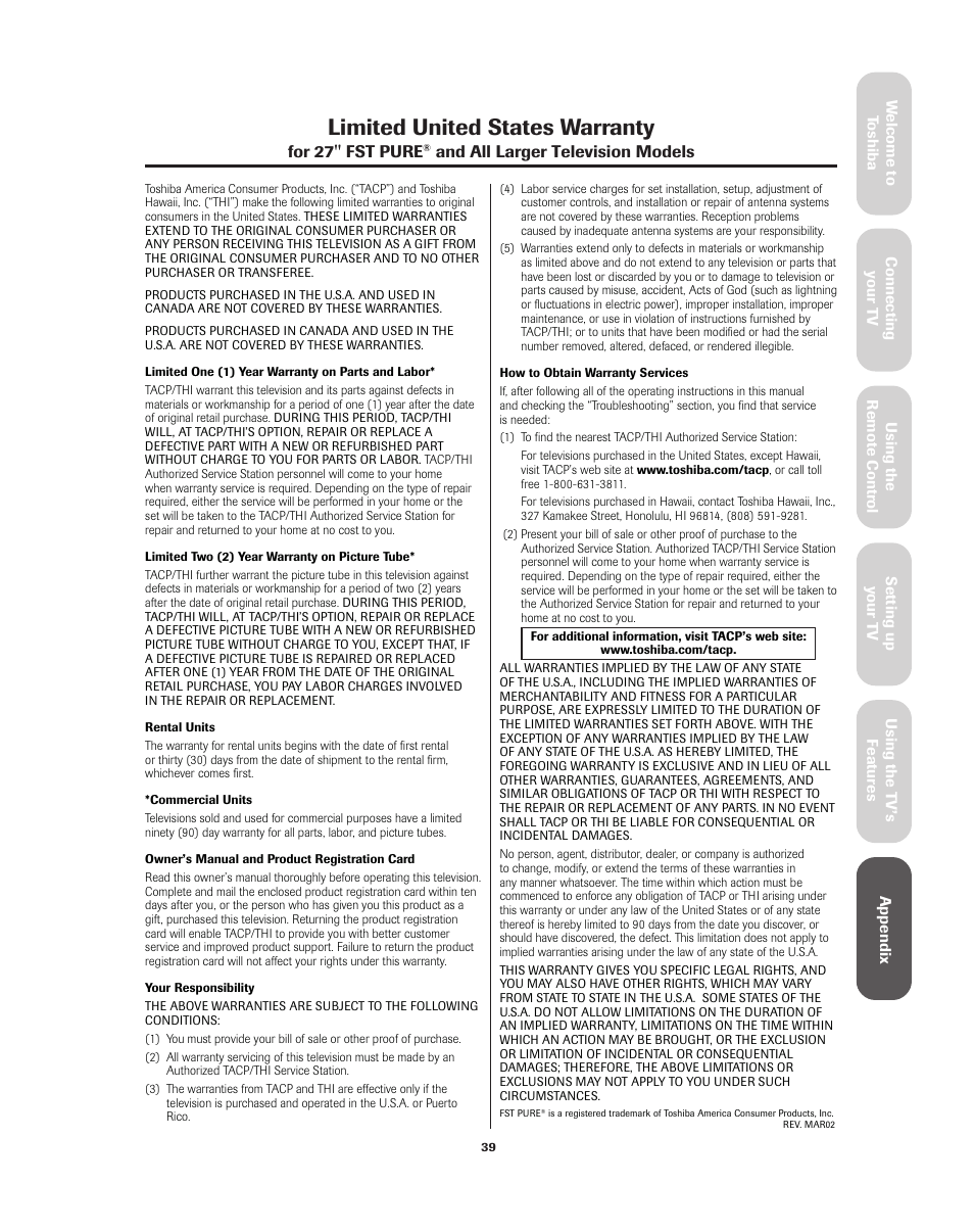 Warranty, Limited united states warranty | Toshiba 32A62 User Manual | Page 39 / 41